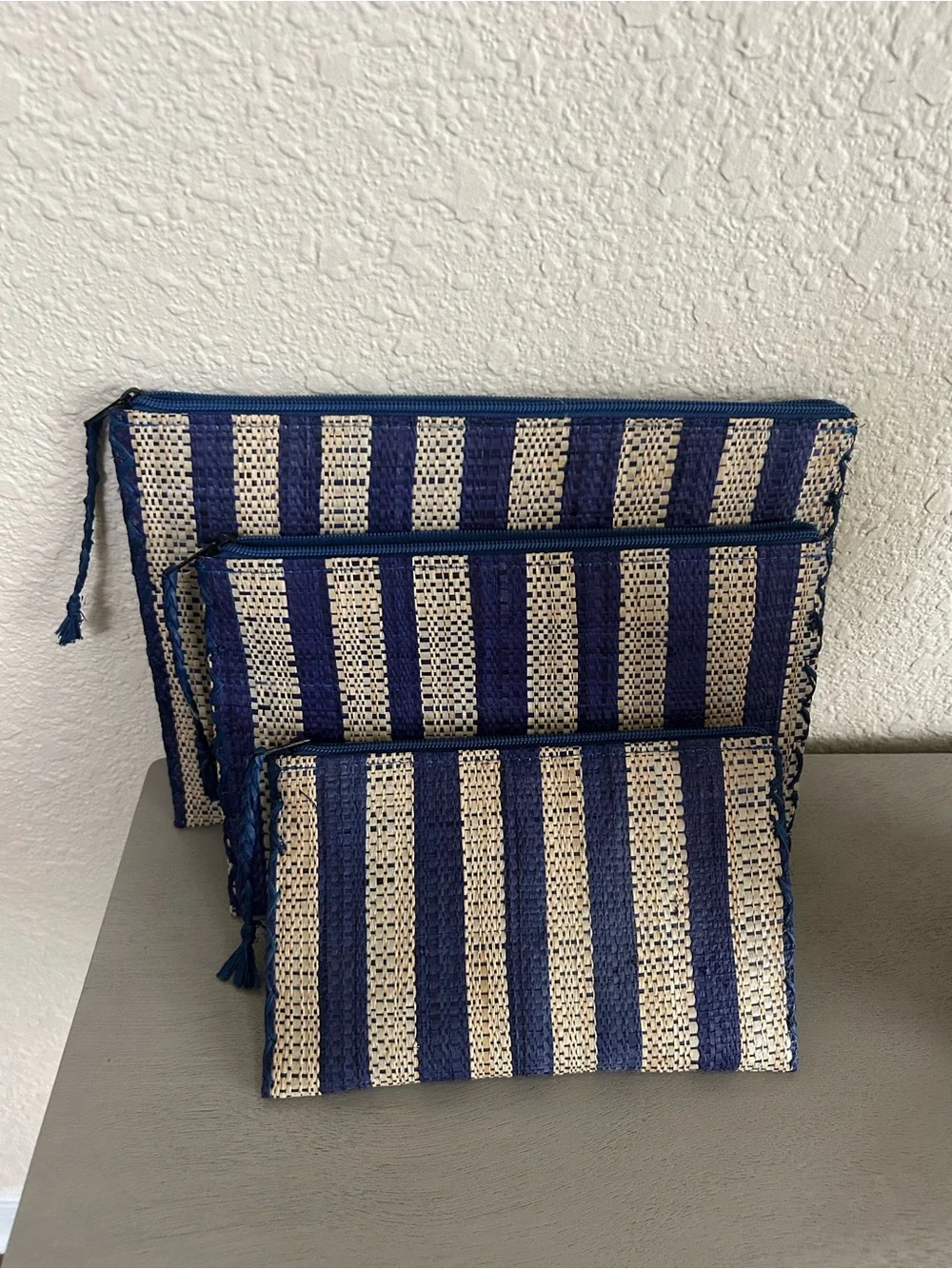 Shebobo Striped Navy and Natural Woven Cosmetic Pouch Set